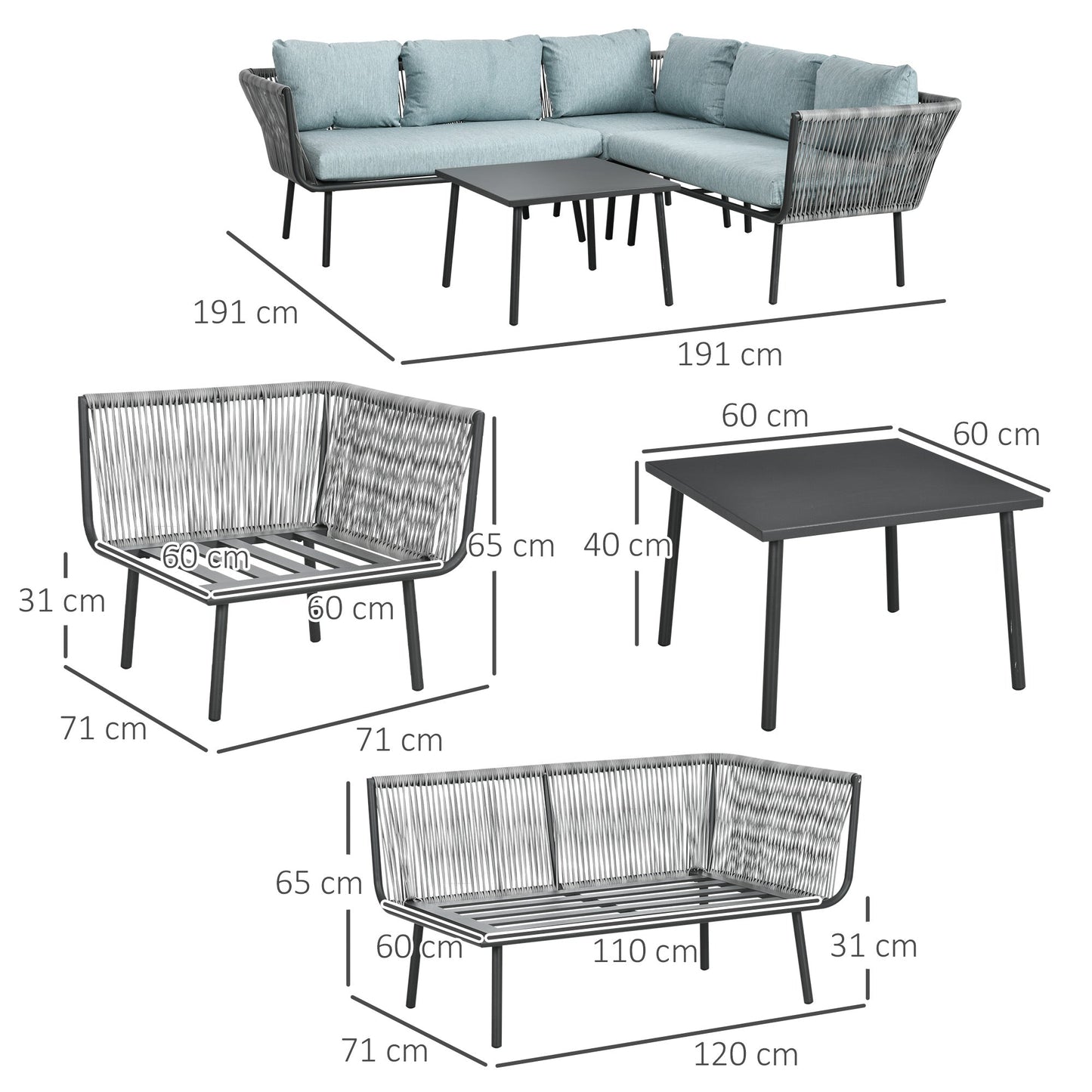 4 Piece Rattan Garden Set with Coffee Table, 2 Corner Sofas and Armchair, Black Grey and Blue