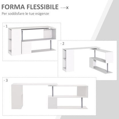 Modern Corner Swivel Desk with Bookcase, White Chipboard Dining Table, 140x120x78 cm