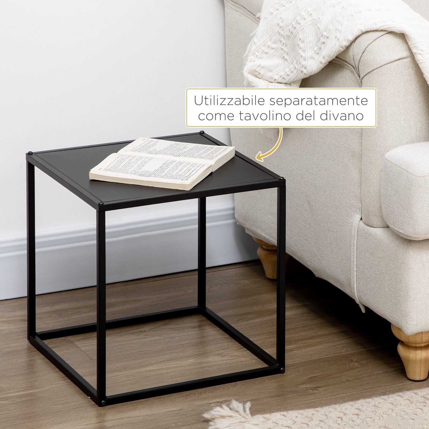 Set of 2 Square Stackable Coffee Tables for Living Room, Steel, Black