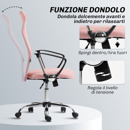 Ergonomic Swivel Office Chair, Adjustable Height and Mesh Backrest, 63x65x109-119 cm, Pink