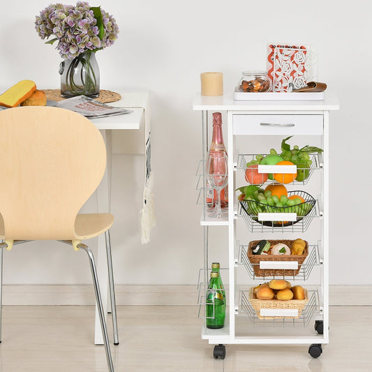 white wooden kitchen trolley with 1 drawer and 4 metal baskets