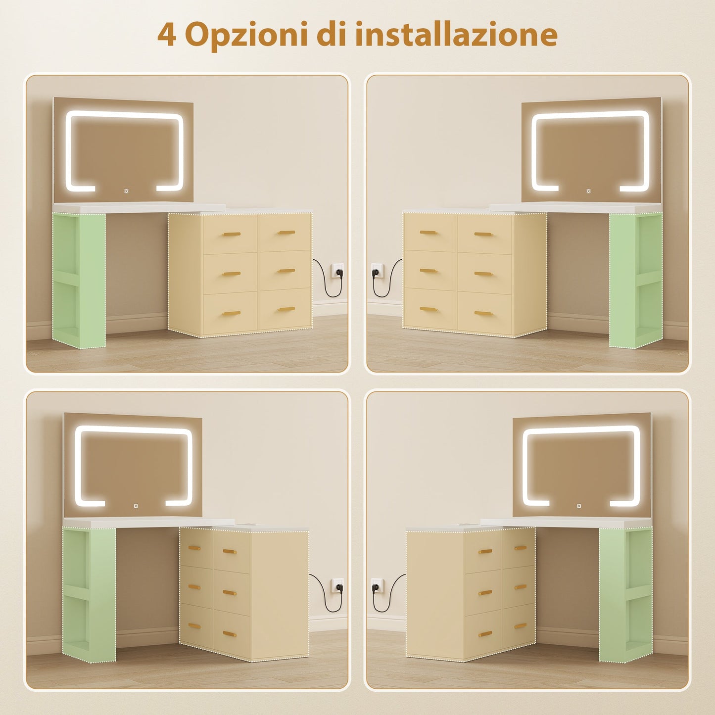 Dressing Table with Mirror and Adjustable LED Lights, 6 Drawers, 2 Shelves and Electrical Sockets, White