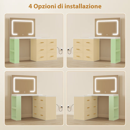Dressing Table with Mirror and Adjustable LED Lights, 6 Drawers, 2 Shelves and Electrical Sockets, White