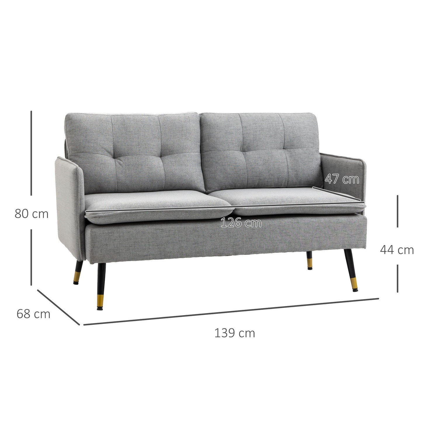 2 Seater Fabric Sofa with Padded Cushions and Steel Legs 139x68x80cm, Grey