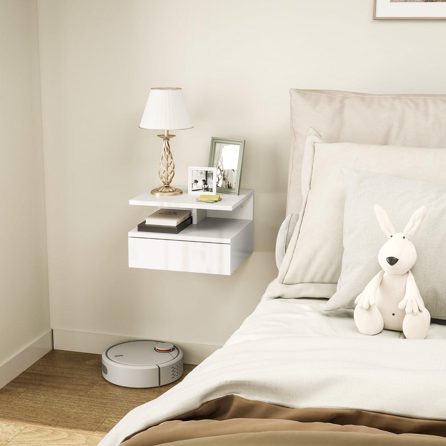 Floating Nightstand for Bedroom with Drawer and Open Shelf in Wood, 35x32x22.5 cm, White