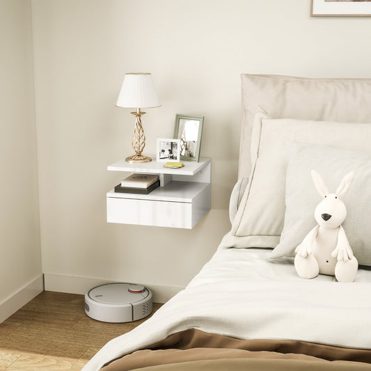 Floating Nightstand for Bedroom with Drawer and Open Shelf in Wood, 35x32x22.5 cm, White