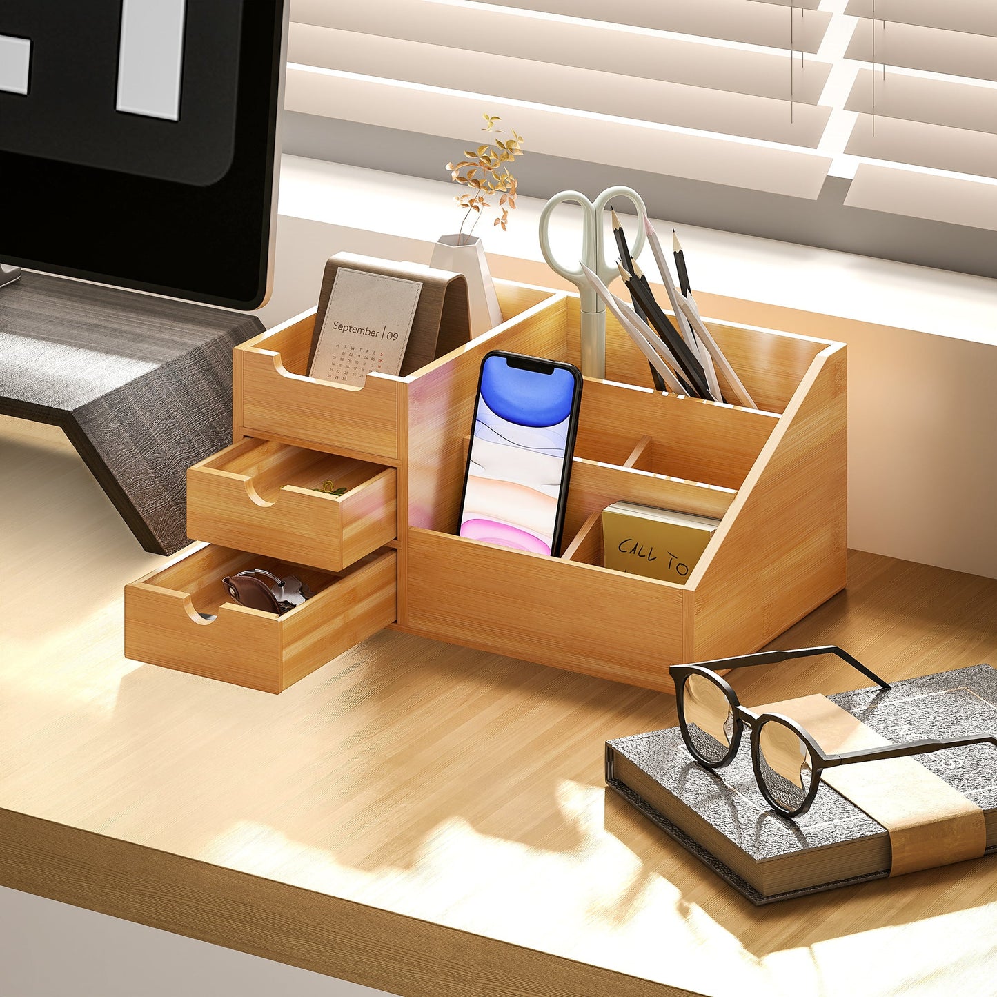 Bamboo Desk Organizer with 2 Drawers and 7 Compartments, 33x20.5x15.5 cm