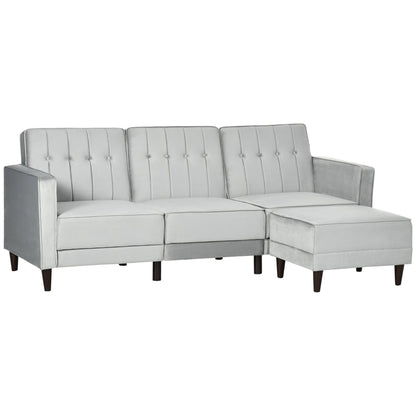 sofa bed 3 seats with footrest and reclining back, velvet coating and padded seat, 218x85x86 cm, light Grey