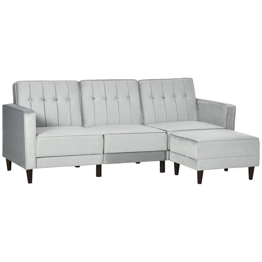 sofa bed 3 seats with footrest and reclining back, velvet coating and padded seat, 218x85x86 cm, light Grey