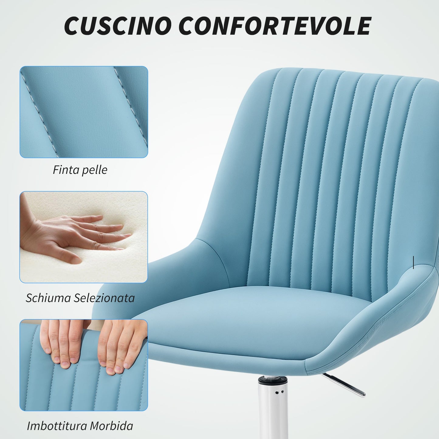 Height-Adjustable Desk Chair with 5 Wheels, PU Silicone, Foam and Steel, 52x58x80-90 cm, Blue