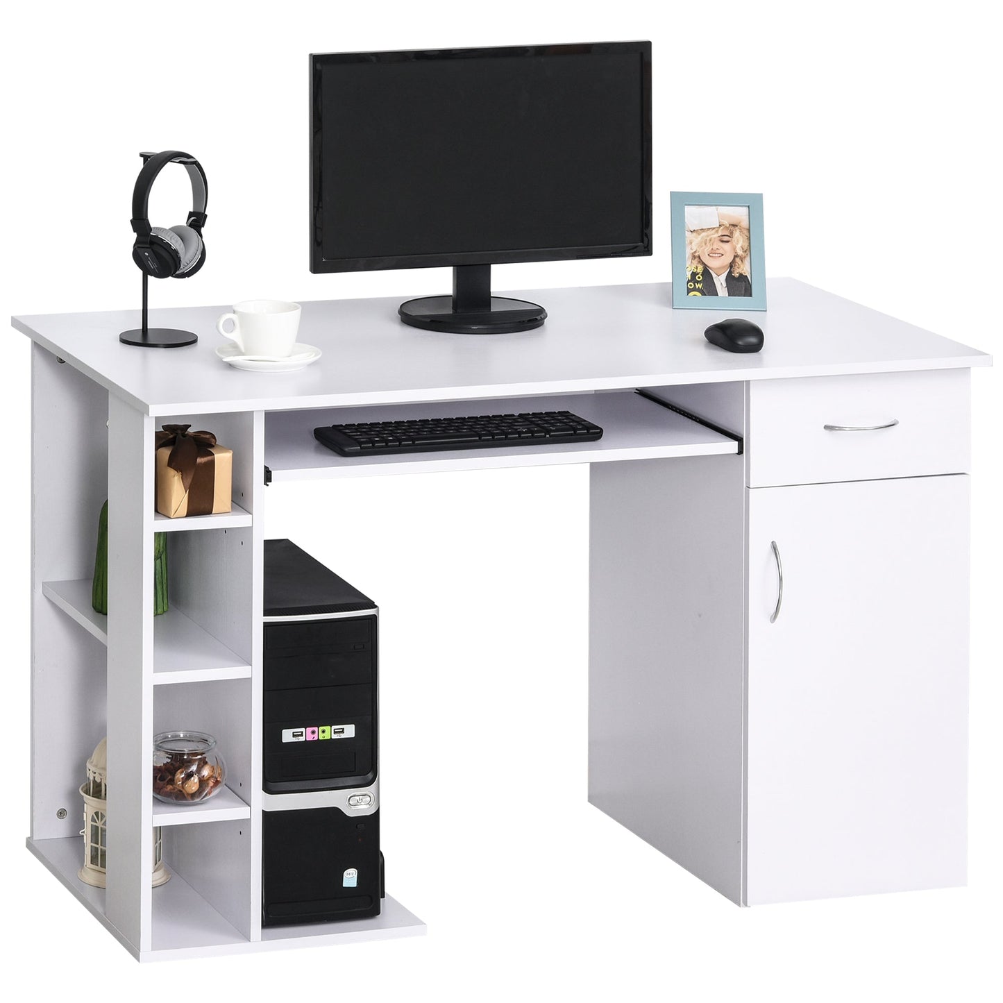 desk for ergonomic pc with shelves and white removable keyboard plane