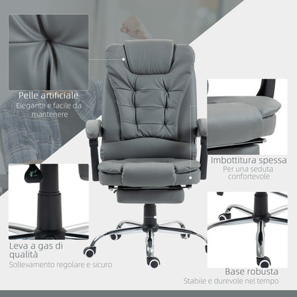 Ergonomic Office Chair 145° Reclining with Pull-Out Footrest in Faux Leather, Grey