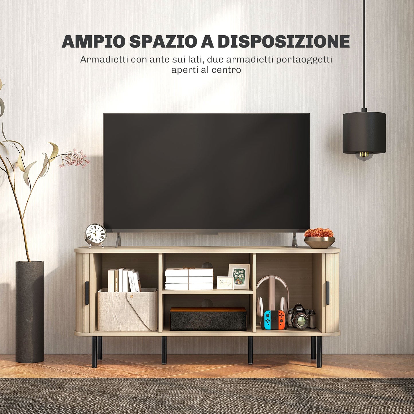 55" TV Cabinet with 2 Cabinets and 2 Shelves in Wood and Steel, 120x40x55 cm, Black and Oak