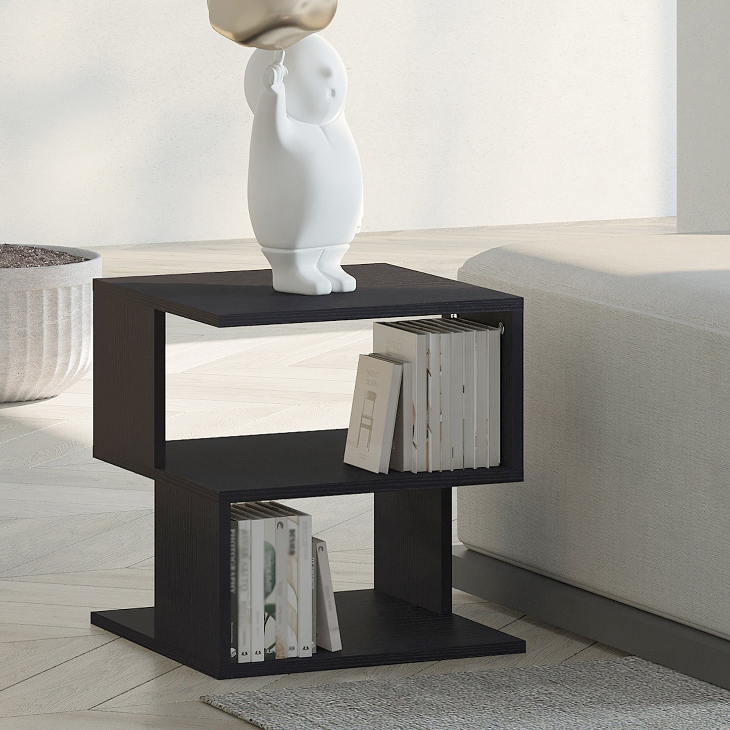 Designer Coffee Table, White Living Room Table, 2 Open Shelves, Modern Design, Living Room Coffee Table, Wood, 40x40x43cm, Black