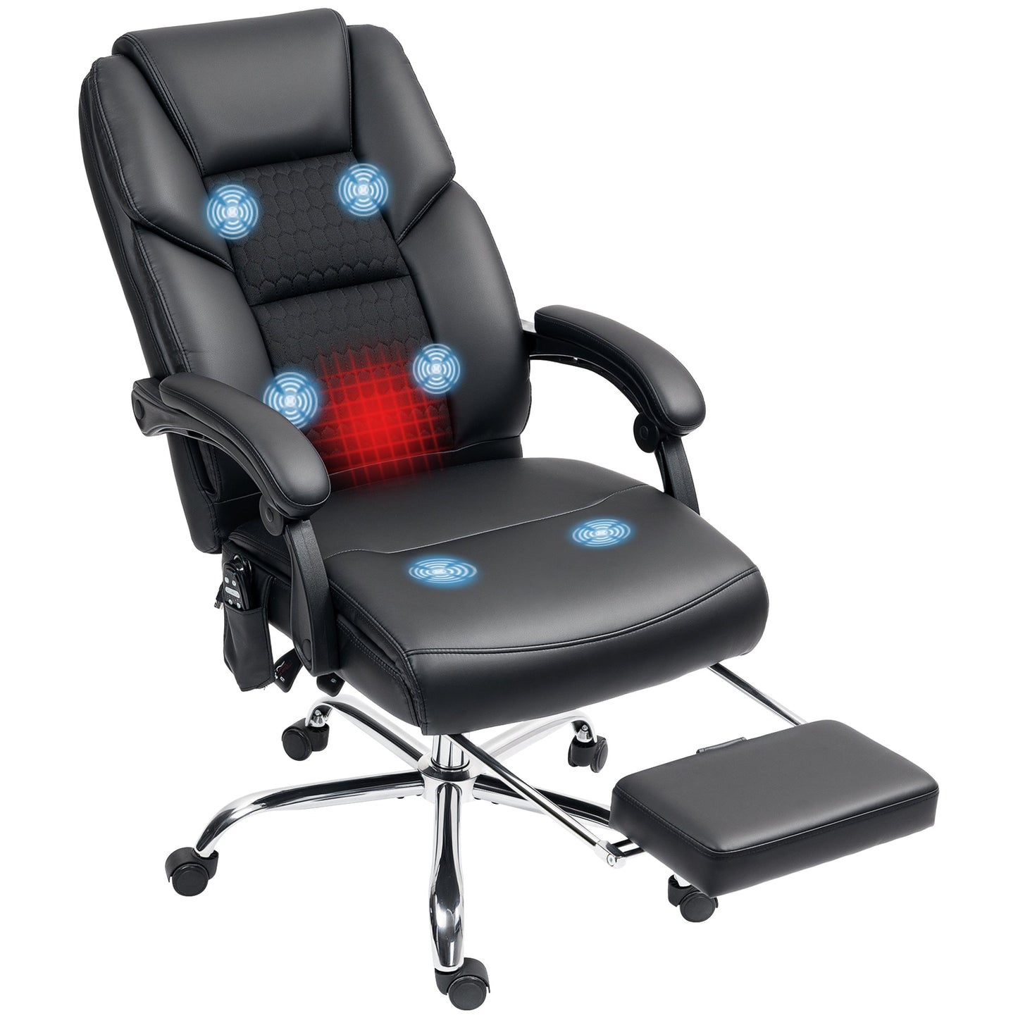 Heated Massage Office Chair with Reclining Backrest and Footrest in PU Leather, Black