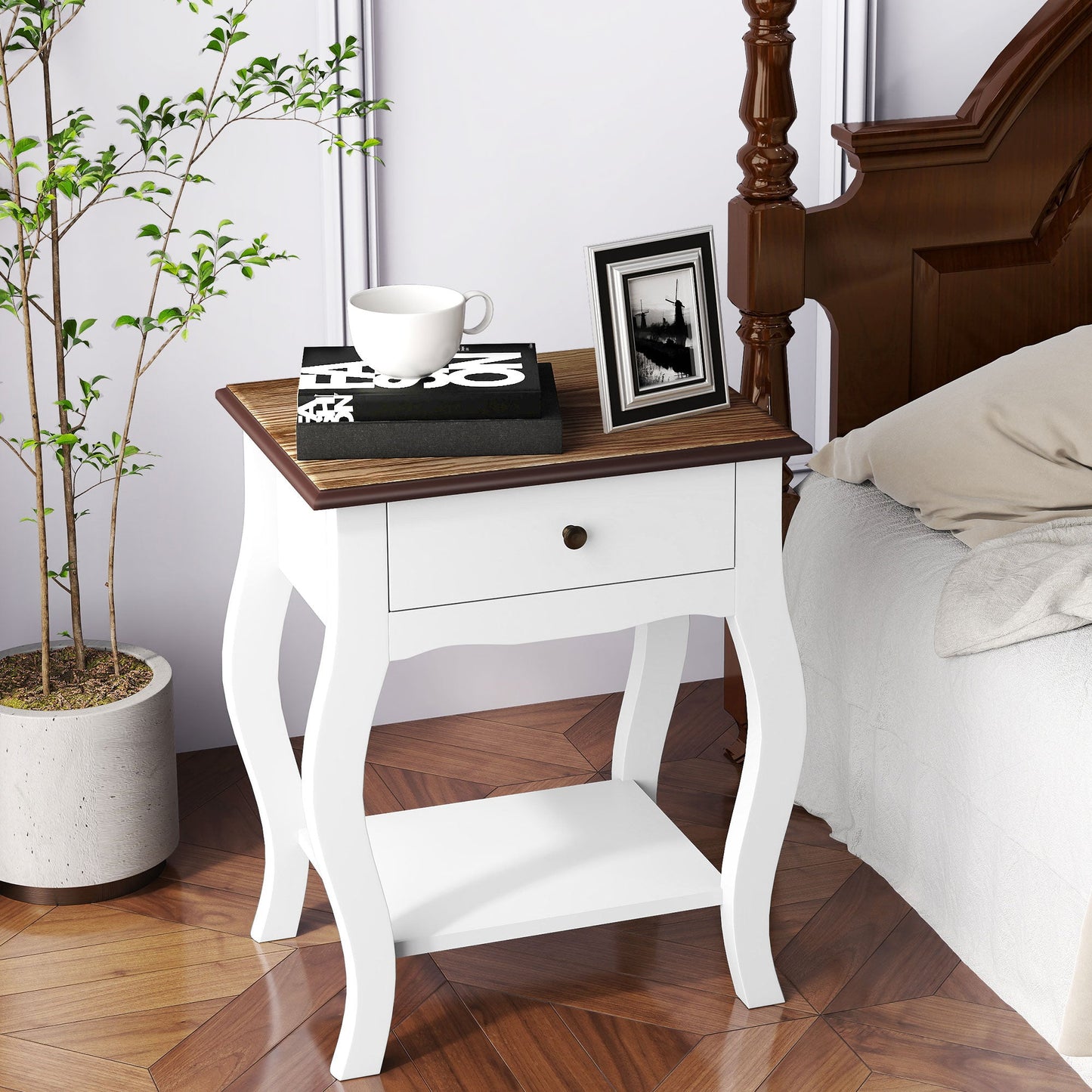 French Style Wooden Nightstand with Drawer and Open Shelf, 45x35x55 cm, White and Oak