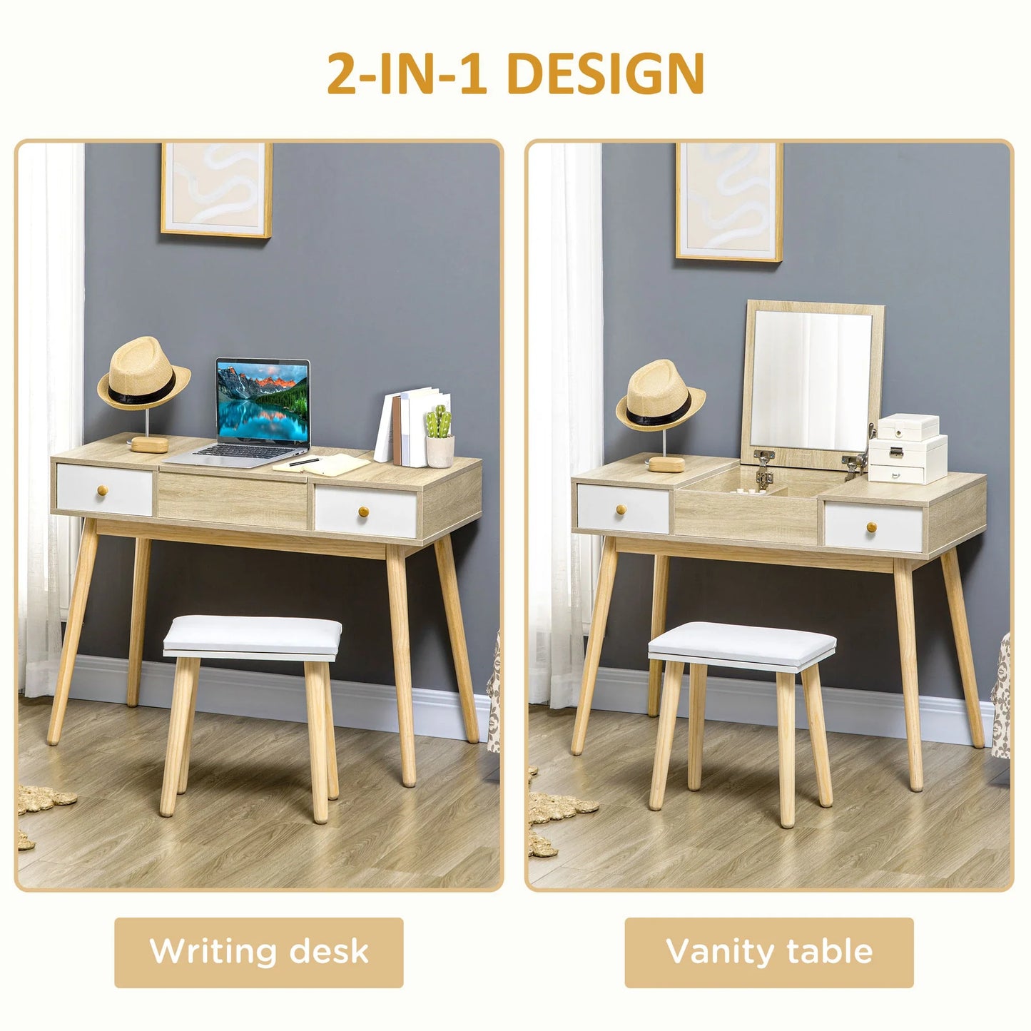 Modern Wooden Vanity Make-up Table an Stool, with Mirror and Jewels Organiser