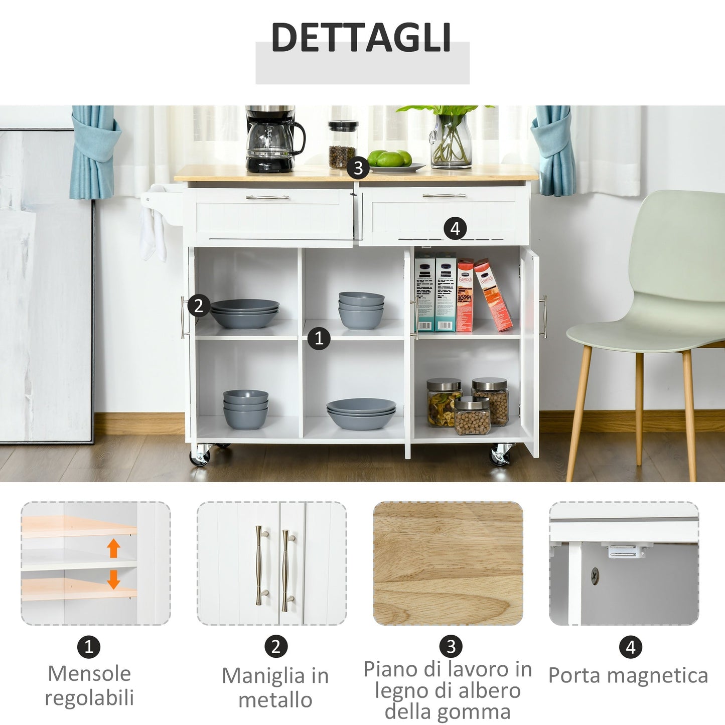 VERA | Multipurpose Wooden Kitchen Cart Trolley with 2 Drawers, 3 Doors and 4 Wheels 121x46x91cm - White