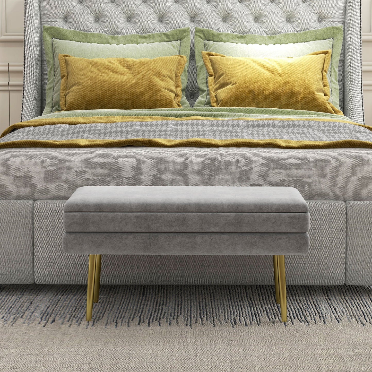 Bed Bottom Bench with Storage Space, in Steel and Polyester, 79.5x37.5x43 cm, Gray