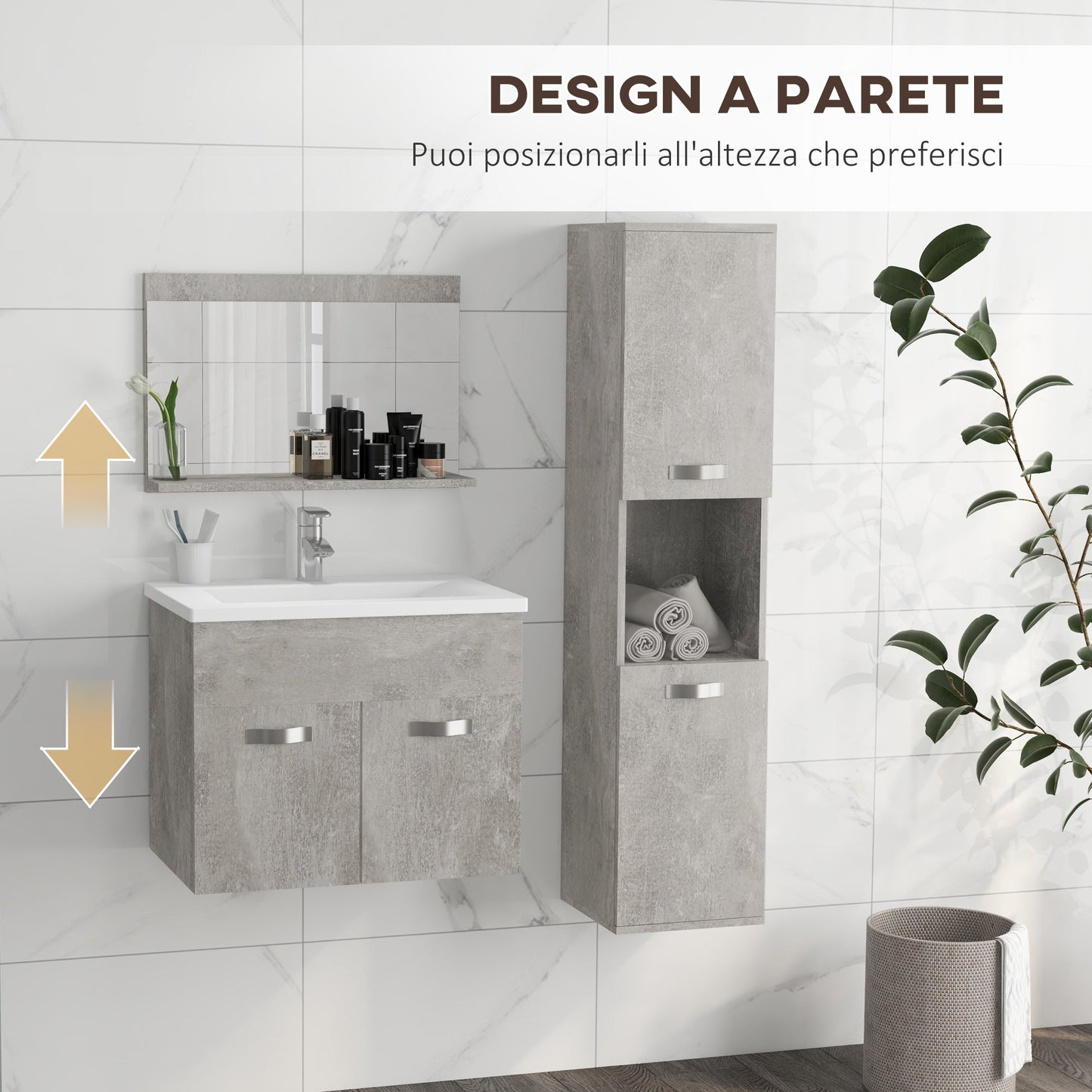 Grey 4 Piece Bathroom Furniture Set with 60cm Sink, Cabinet, Bathroom Column and Wooden Mirror, Grey