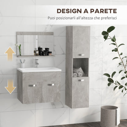 Grey 4 Piece Bathroom Furniture Set with 60cm Sink, Cabinet, Bathroom Column and Wooden Mirror, Grey