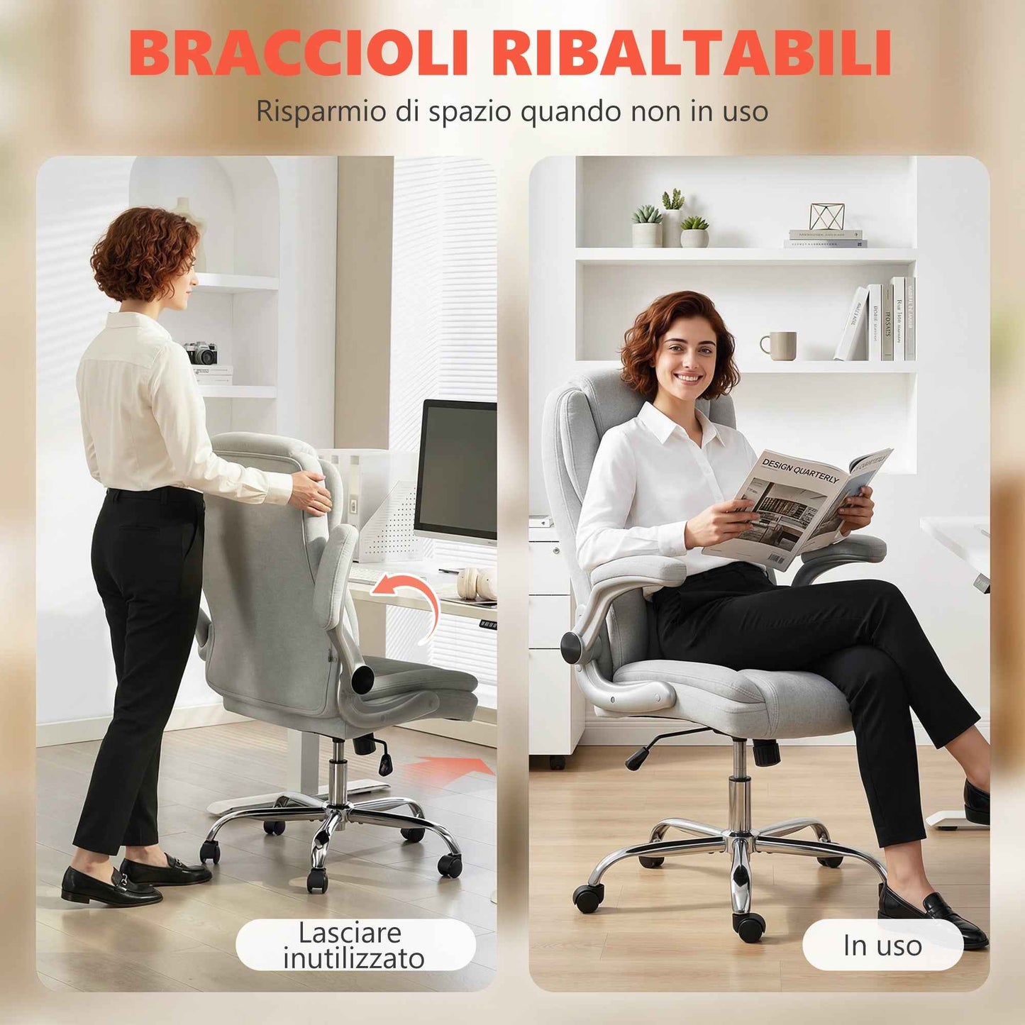 Ergonomic Chair, High Back, Printed Velvet, Foldable Armrests, Cream White