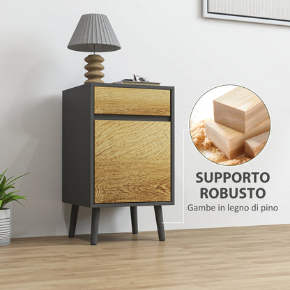 Modern Handleless Nightstand with Drawer and Cabinet, 40x39x69 cm, Dark Grey and Wood