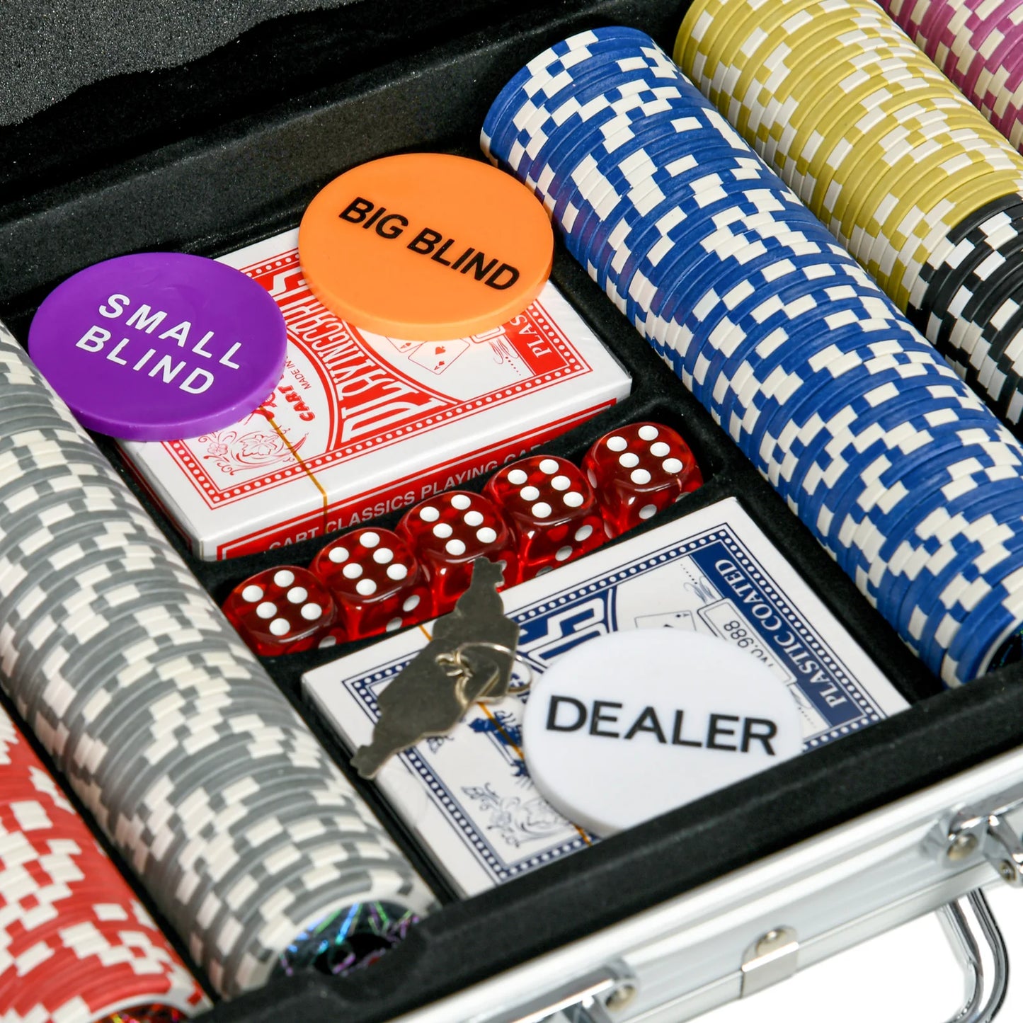 Poker Set for 10 Players – 500 Chips, 2 Card Decks & 5 Dice in Aluminum Carry Case