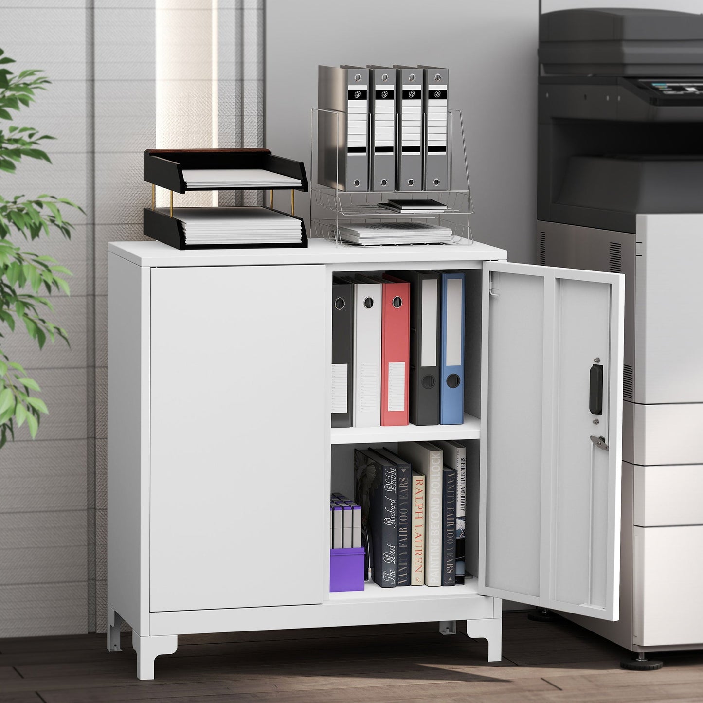 Office Cabinet with 3 Shelves, 2 Doors and Keys, 80x35x91 cm, White
