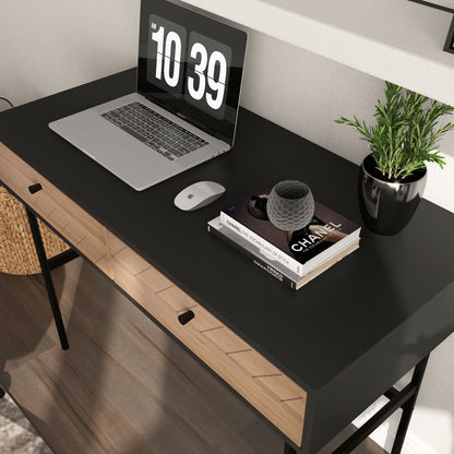 Modern Office Desk with 2 Drawers, Steel and MDF, 106x50x77 cm, Black and Oak