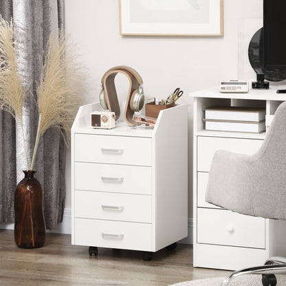 Wooden Office Chest with 4 Drawers, Wheels and Raised Edges, 40x36x65cm, White