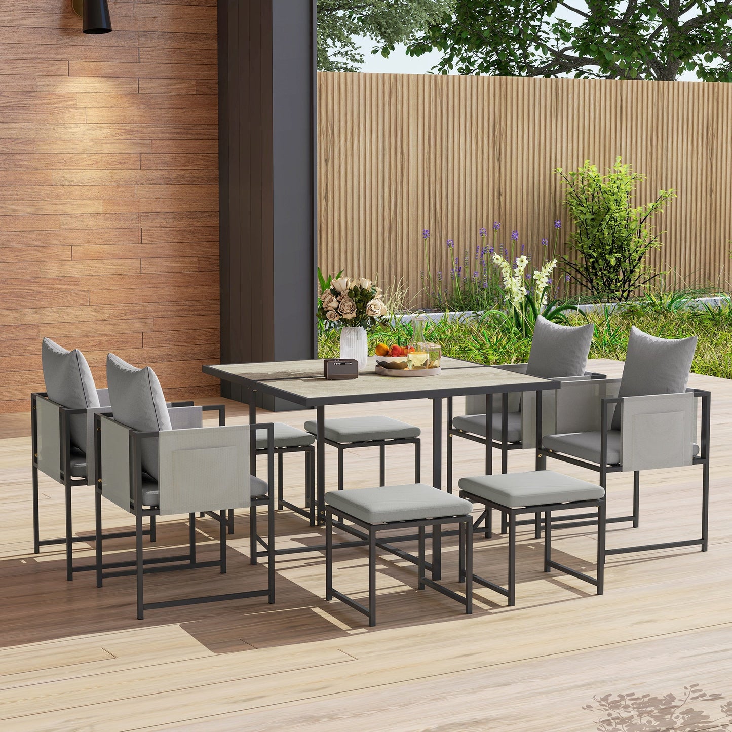 Garden Furniture Set with Dining Table, 4 Outdoor Chairs and 4 Footstools, Grey