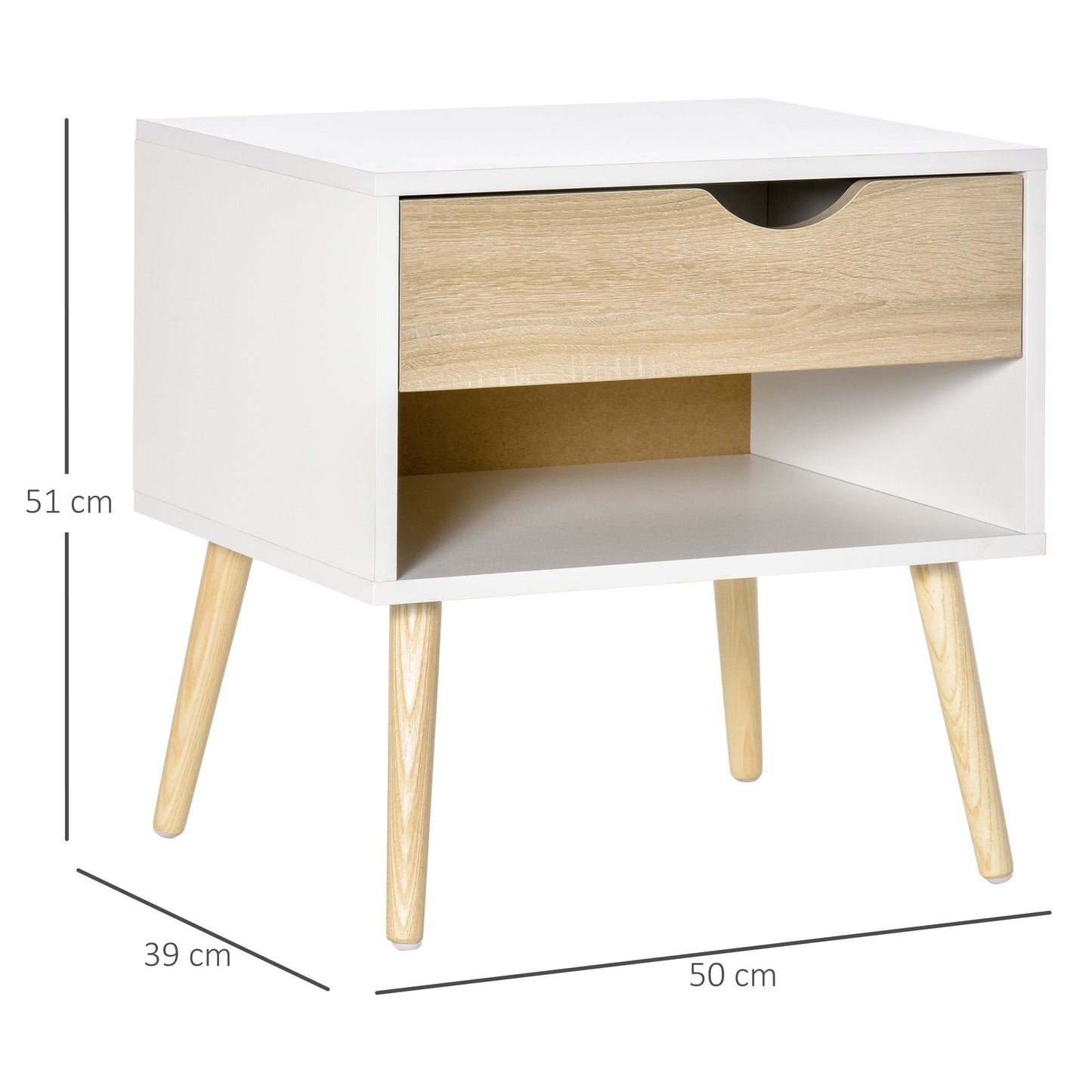 Set of 2 Modern Bedside Tables with Drawer and Shelf, Raised Base and Wooden Legs, 50x39x51cm, White and Oak