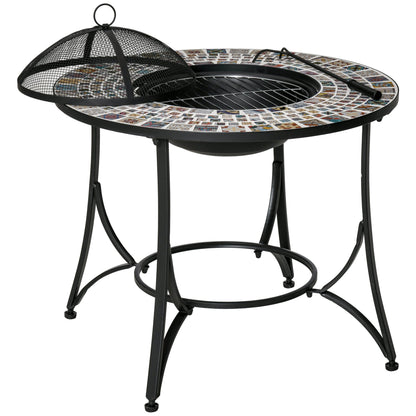 3-in-1 Outdoor Fire Pit with Table, Grill, and Poker, Made of Metal and Ceramic, 75x75x60 cm