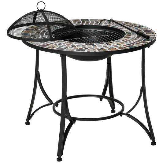 3-in-1 Outdoor Fire Pit with Table, Grill, and Poker, Made of Metal and Ceramic, 75x75x60 cm