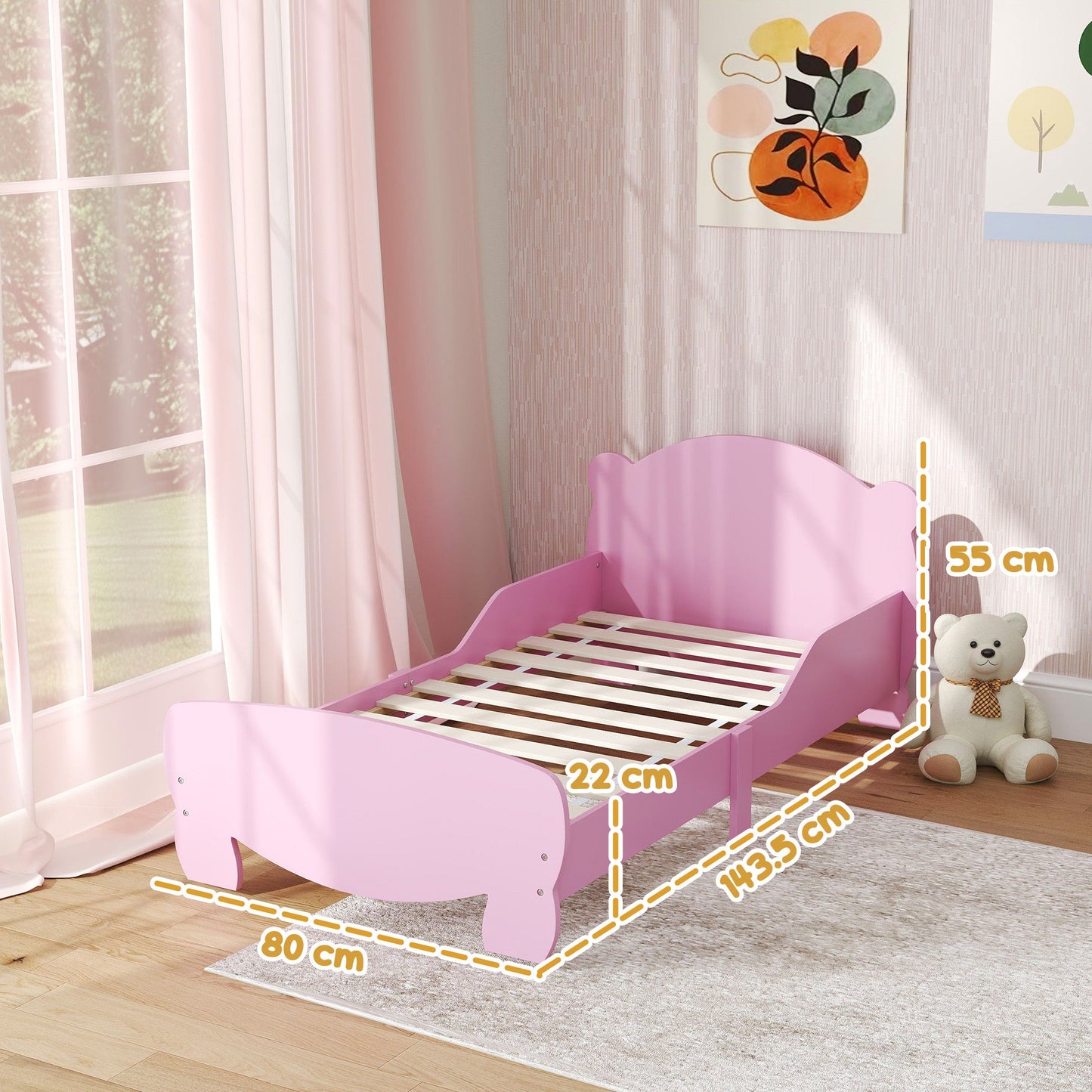 Baby Bed with Bear Headboard and Footboard and 2 Side Rails, Wooden, 143.5x80x55 cm, Pink