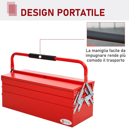 Folding Steel Tool Box with 5 Trays, Tool Case 56x20x41 cm, Red