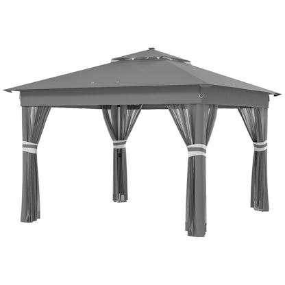 Adjustable Height Garden Gazebo with LED Lights, in Steel and Oxford Fabric, 336x336x250-270 cm, Grey