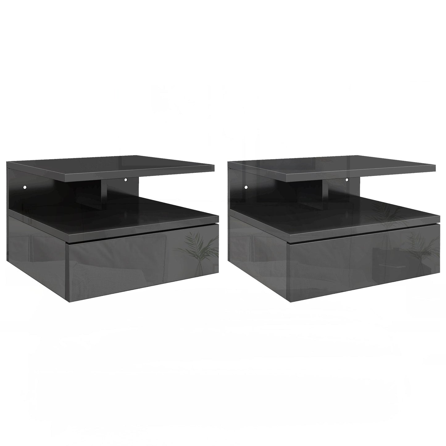 Set of 2 Modern Floating Bedside Tables with Drawer and Wooden Shelf 35x32x22.5cm, Glossy Black