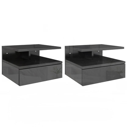 Set of 2 Modern Floating Bedside Tables with Drawer and Wooden Shelf 35x32x22.5cm, Glossy Black