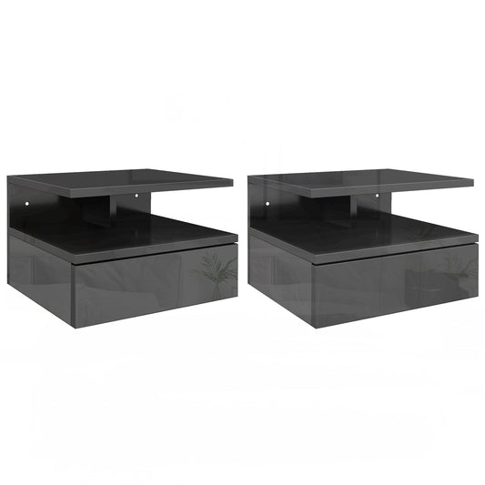 Set of 2 Modern Floating Bedside Tables with Drawer and Wooden Shelf 35x32x22.5cm, Glossy Black