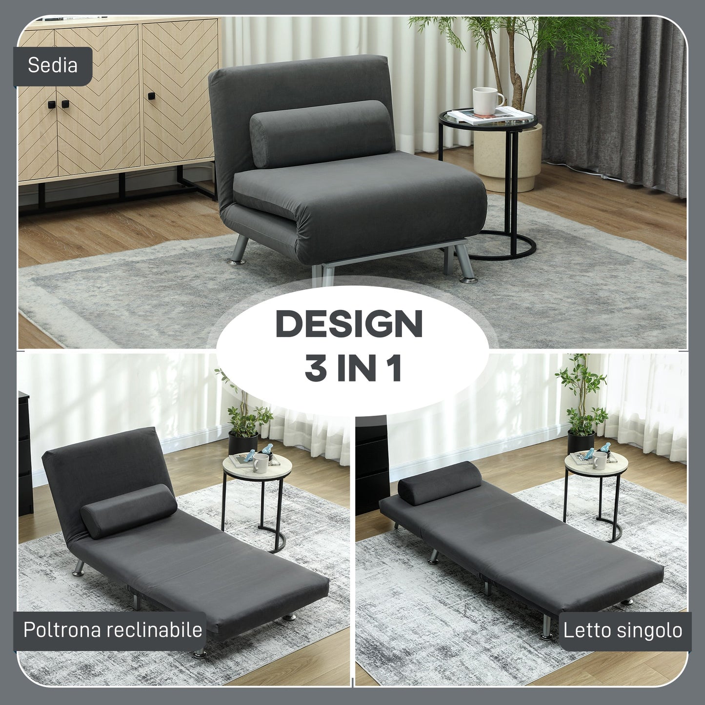 3-in-1 Sofa Bed with Adjustable Backrest and Linen-Effect Fabric Cushion, Dark Grey