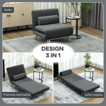3-in-1 Sofa Bed with Adjustable Backrest and Linen-Effect Fabric Cushion, Dark Grey