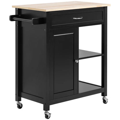 Wooden Kitchen Cart with Drawer, Cabinet and Wheels, 83x45x88cm, Black