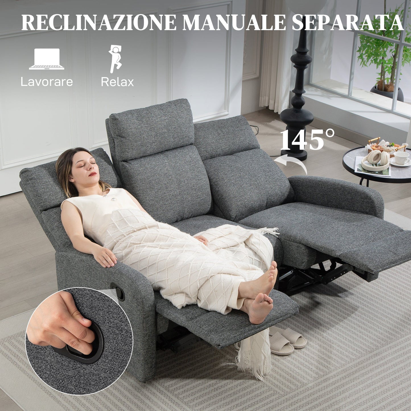 3-Seater Independently Reclining Sofa with Grey Chenille Upholstery, 179x91x98 cm