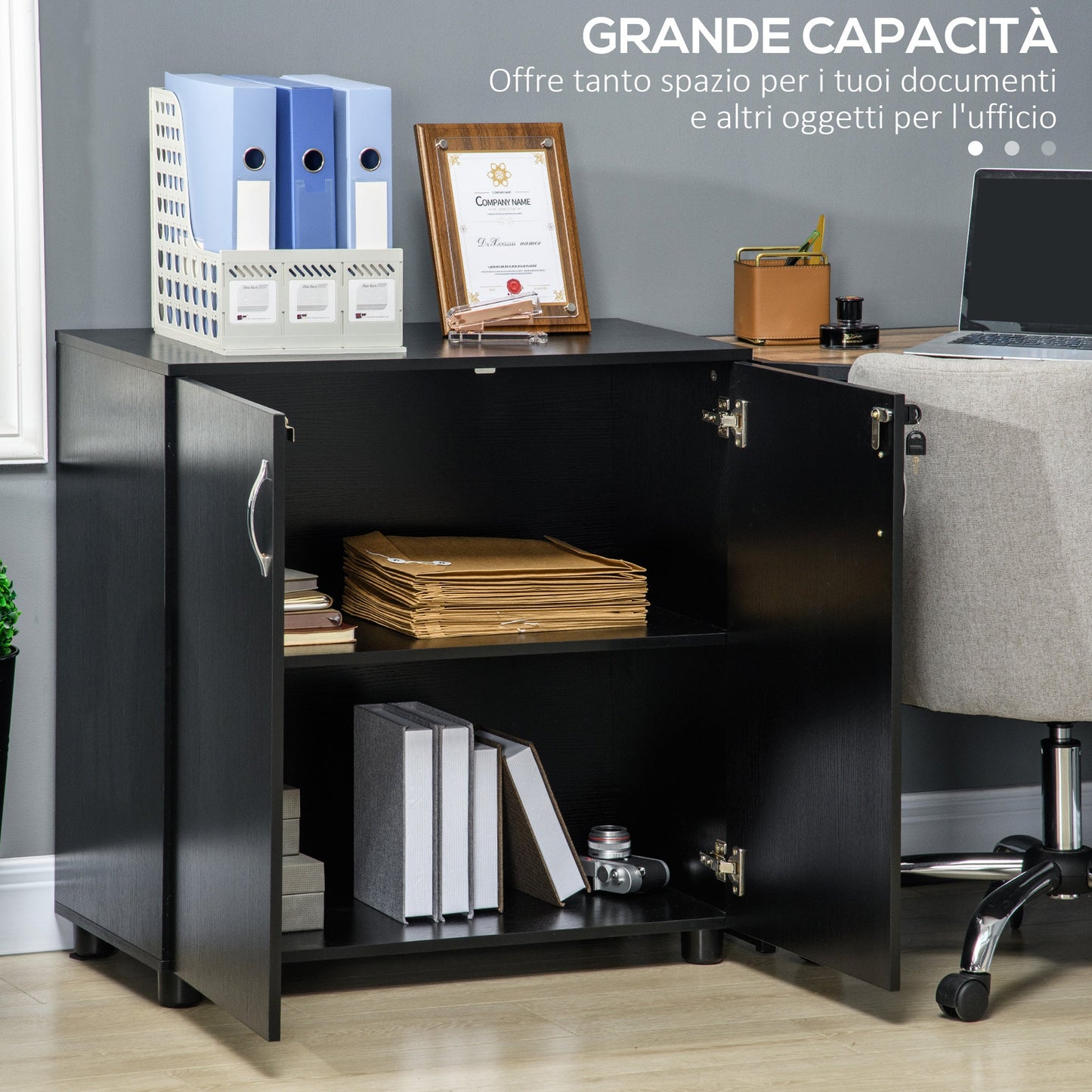 Mobile Office Multipurpose Document Holder with Lock, 2 Doors and Internal Shelf, 80x40x80 cm, Black