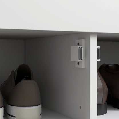 Shoe Bench with Adjustable Internal Shelf on 3 Levels, in MDF and Faux Linen, 90x36x50 cm, White and Grey