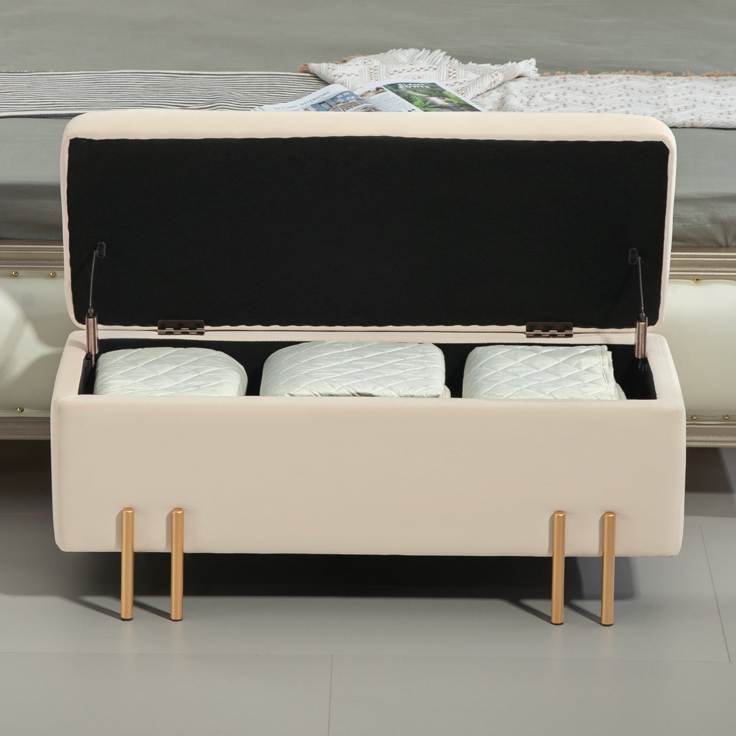 Modern Bedside Bench with Internal Storage Space, Beige Polyester, 100x40x42 cm
