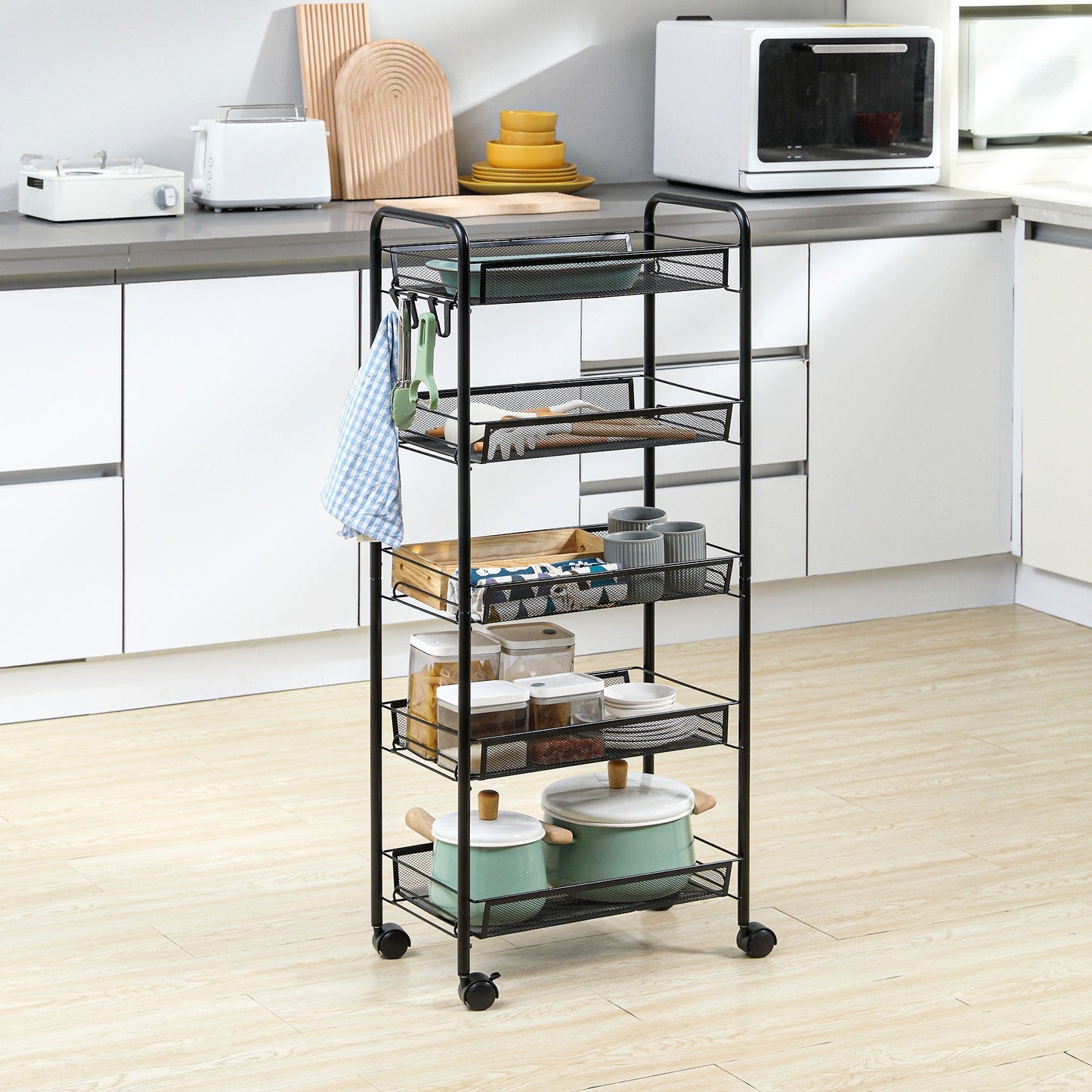 Black 5 level Kitchen Trolley with mesh baskets | 45x26.5x106cm