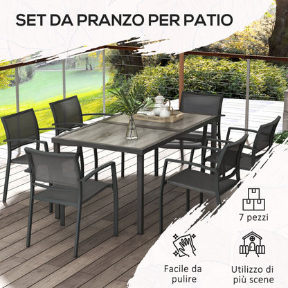 Garden Set with 6 Stackable Mesh Fabric Chairs and Wood Effect Table, Grey
